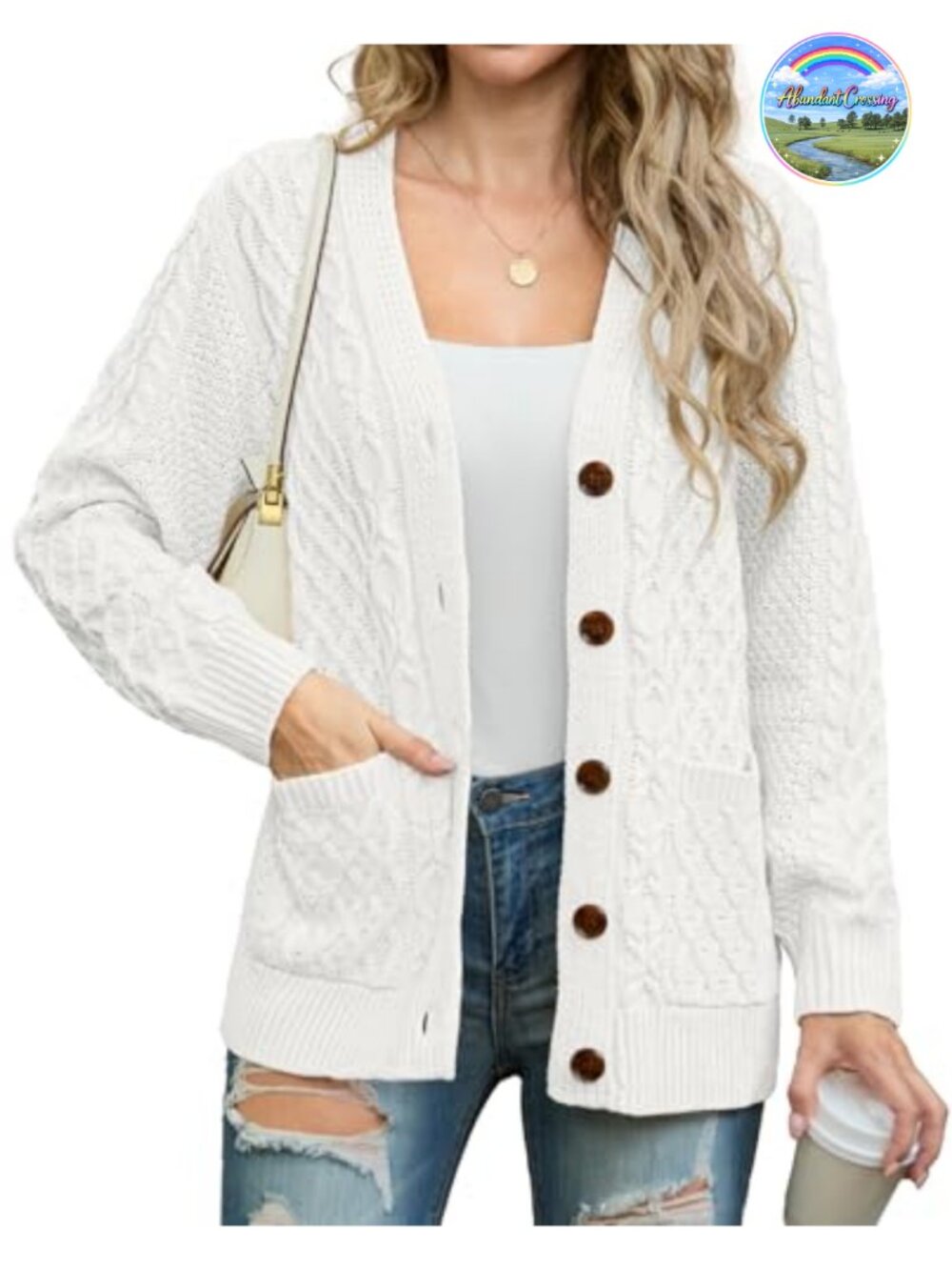 Women's Chunky Cable Knit Cardigan with Pockets, V-Neck Button Down